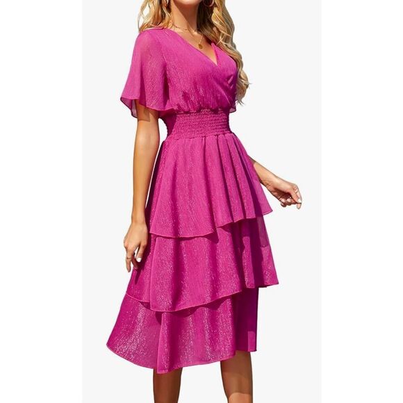 Ruffle Sleeve Wrap V Neck Midi Dresses for Women Causal Summer Smocked Waist Tie - Picture 1 of 10